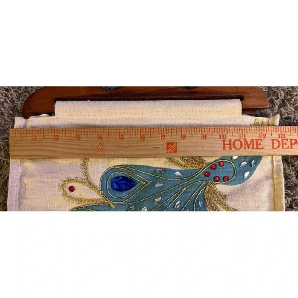 Vintage‎ Linen Peacock Wooden Handle Handbag W/Rhinestones 10"x13x3" - Picture 11 of 13